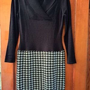 VENUS Elegant Black and White Houndstooth Dress